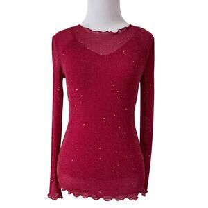 Y2K 90s Vamp Indie Grunge Sheer Micro Mesh Long Sleeve Top XS Red Glitter Layer
